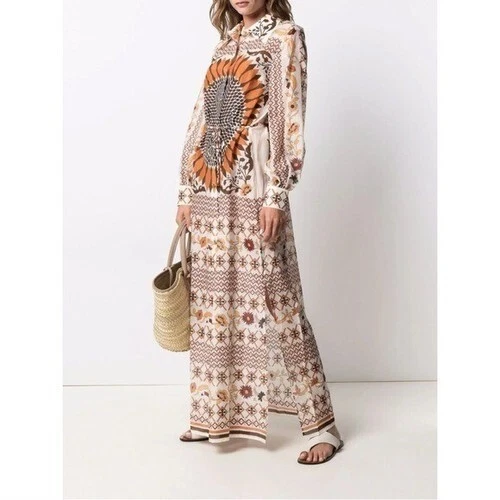 TORY BURCH Caftano lungo avorio in cotone e seta con motivo multicolore