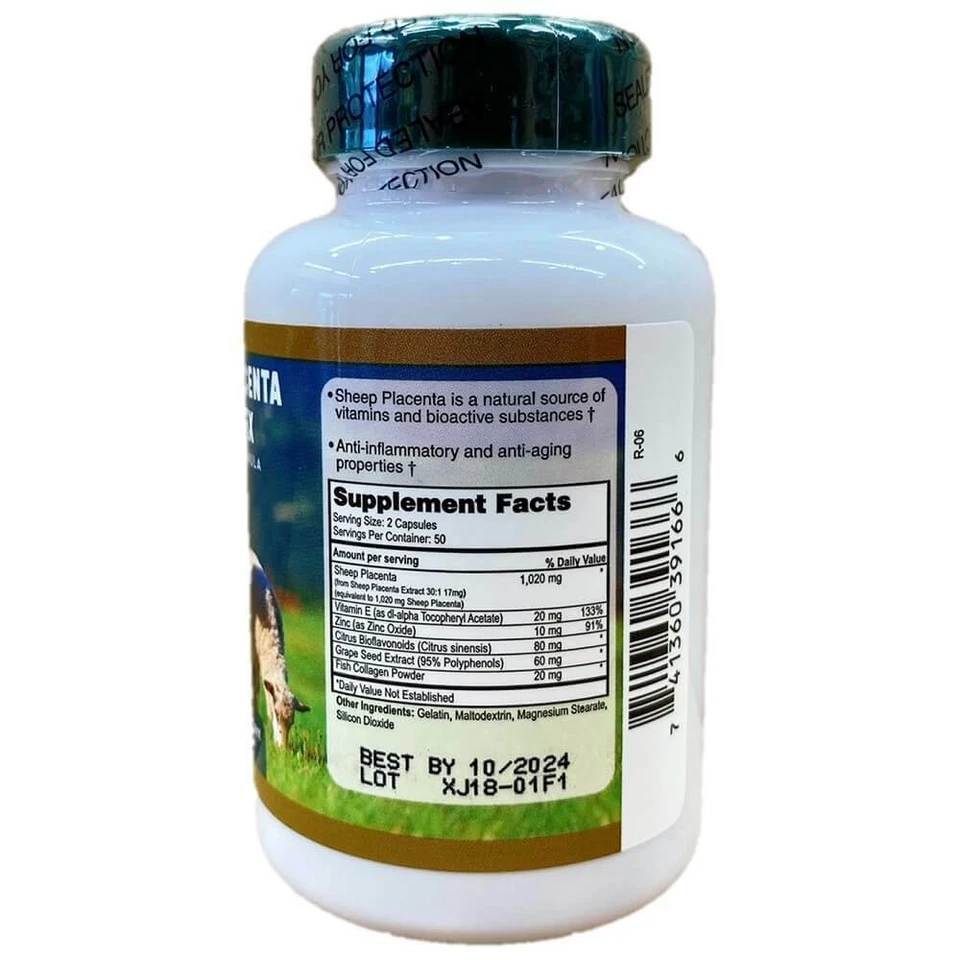 8 Placenta Oveja con Semilla de Uva, Colágeno, Vitamina E Zinc (Total 800 Cápsulas) Foto 3 de 4