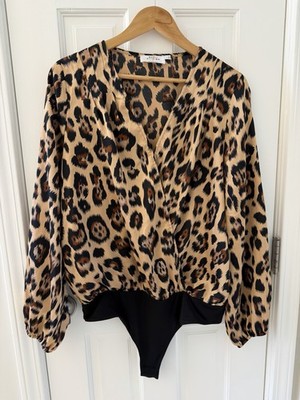 Katie Sturino x Stitch Fix Leopard Print Bodysuit Blouse Women s Size L
