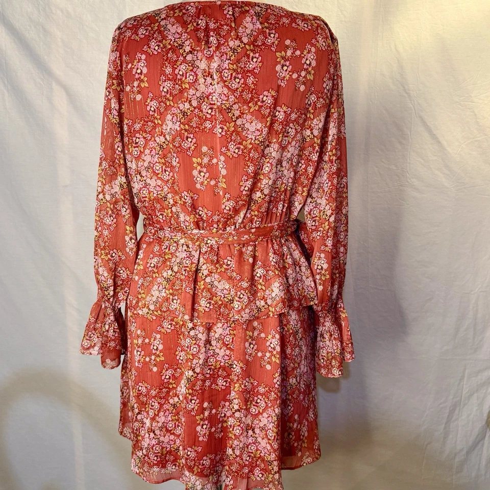 Vestido LC Lauren Conrad Rosa Coral Floral Manga Larga Imitación Envolvente Mujer Talla XL Foto 2 de 4
