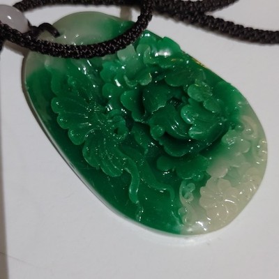 Large 60mm Reconstituted Jade Stone Lotus Peony Pendant Necklace 64 mm Length