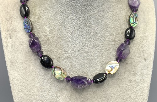 Amethyst, Onyx, Crystals & Abalone Necklace w/Sterling Clasp & Chain