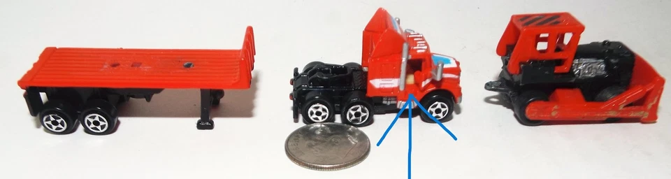 Small Micro Machine Semi Flat Bed Truck  in Red with a Buldozer - Image 2 of 4