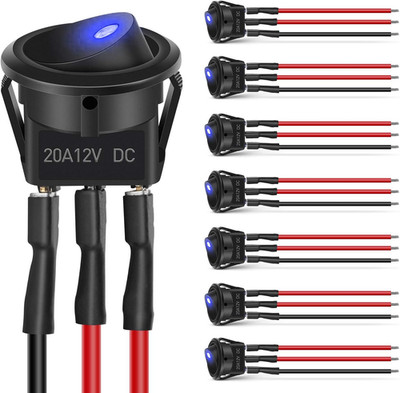 8PCS 12V 20A Round Blue Toggle LED Rocker Switch On-Off Control SPST 3Pins fo...