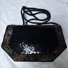Vintage La Regale Black Sequin Beaded Evening Bag Clutch Crossbody Purse Vintage La Regale Black Sequin Beaded Evening Bag Clutch Crossbody Purse