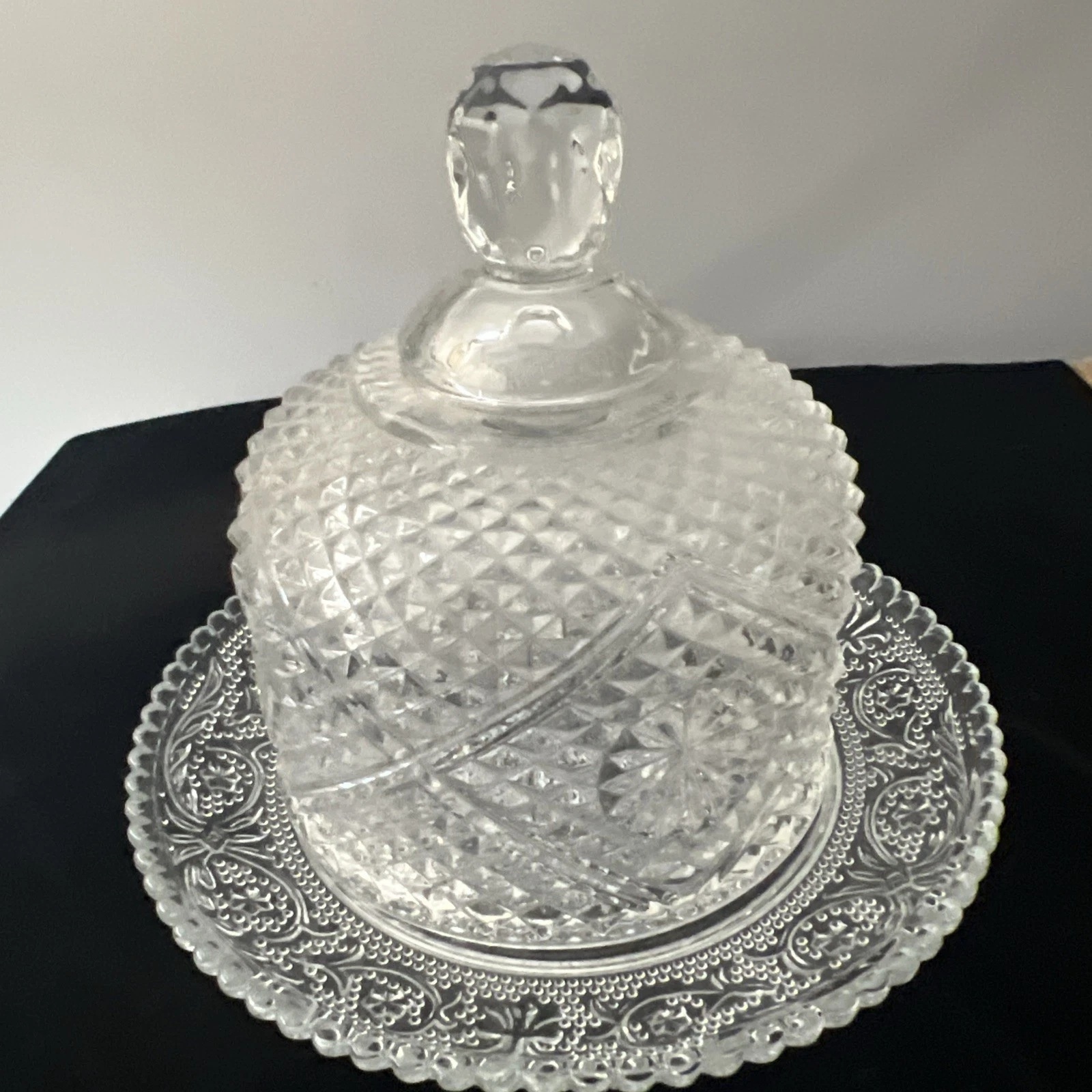Vintage Diamond Pattern Pressed Glass Butter Dish Mint Condition