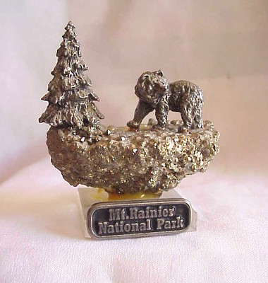 Mt. Rainer Pewter Bear & Evergreen Tree and Pyrite Travel Souvenir