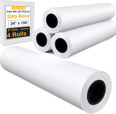 Wide Format Paper,4 Rolls Plotter Paper 24 in X 150 Ft, CAD Bond Rolls,20Lb,Bond