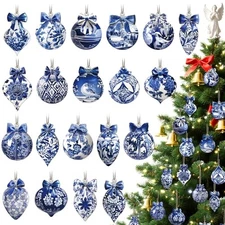40 Pcs Christmas Chinoiserie Ornaments Blue and White Porcelain Wooden Creative