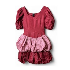 Vintage 80s Prom Dress XS Pink Burgundy Taffeta Puff Sleeve Bubble Tiered Skirt