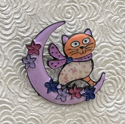 #ad Cat on crescent moon w flowers Brooch Enamel On Metal $12.80