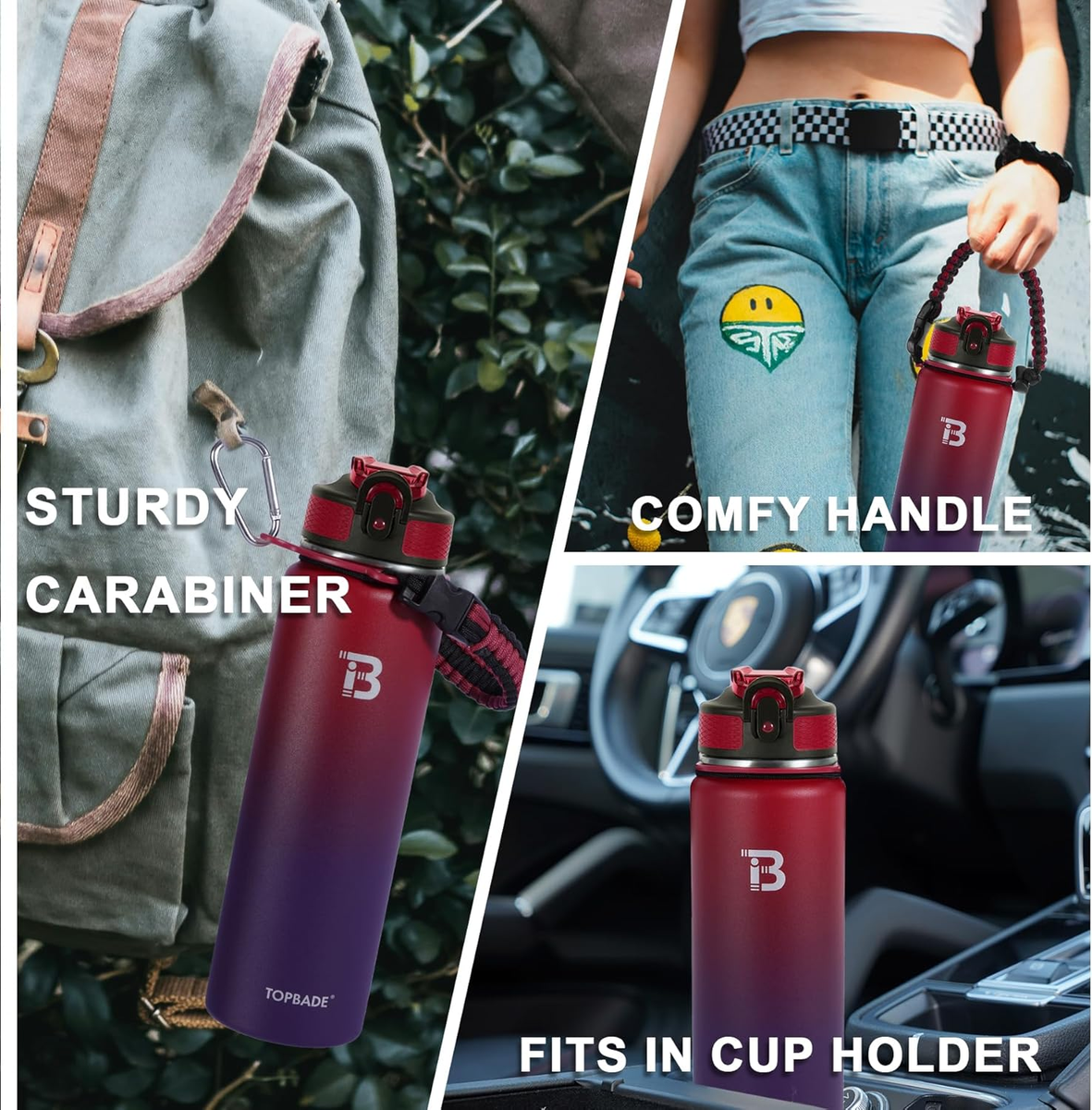 32oz Insulated Water Bottle with Straw Lid & Spout Lid & Paracord