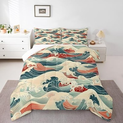  Japanese Wave Bedding Set Boys Girls Size Ocean Wave Queen Green Red Beige