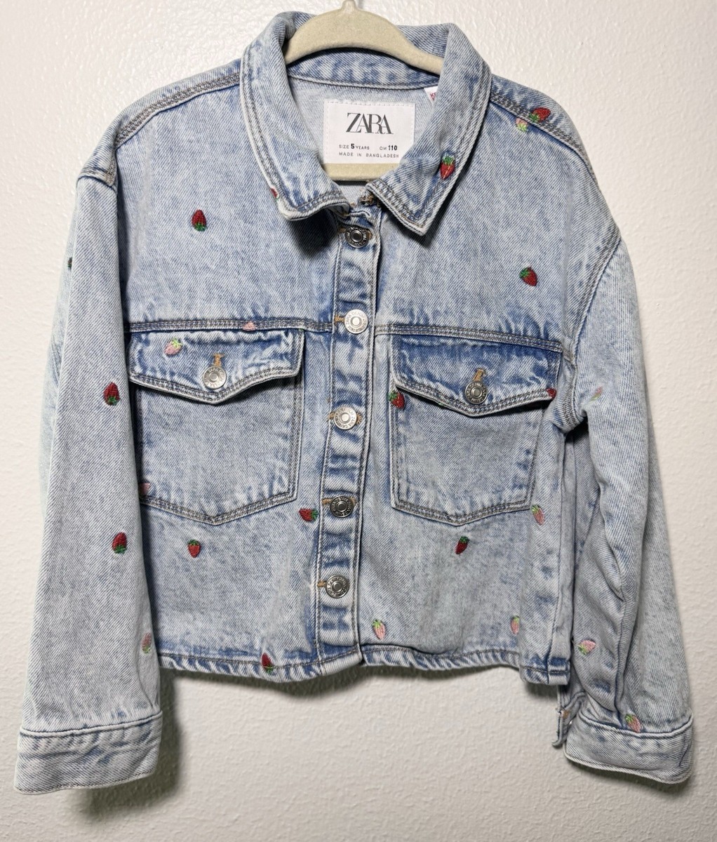 Zara Girls Strawberry Denim Jacket Skirt Set Size 5/6 Blue