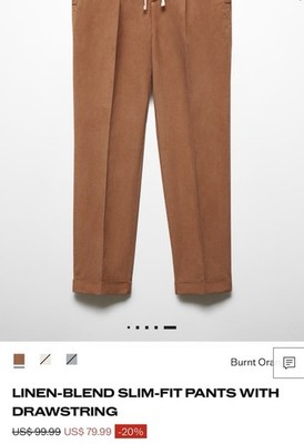 Mango MNG men Linen Blend Pants Drawstring Slim Fit Size 34