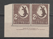 Australia 1956 - 2s dark brown crocodile stamp - MUH - Half imprint block (1054)