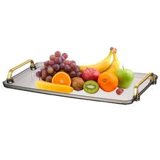 16 x 8.7" Plastic Serving Tray with Golden Handle, Grey