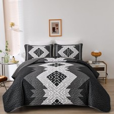 Boho Queen Quilt Set 3 Pieces Black Grey Aztec Texture Bedspread Coverlet Set...
