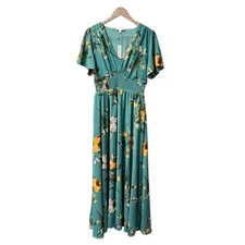 NEW Baltic Born Birdie Maxi Long Dress Short Sleeve Eucalyptus Floral Large L