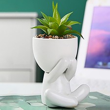 Image of 2-Piece Set White Figure Ceramic Pot With Artificial Succulent Plants