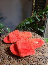 Vionic Dream Plush Slide Slippers Orange Faux Fur Womens Sz 6 Comfort Arch Cozy