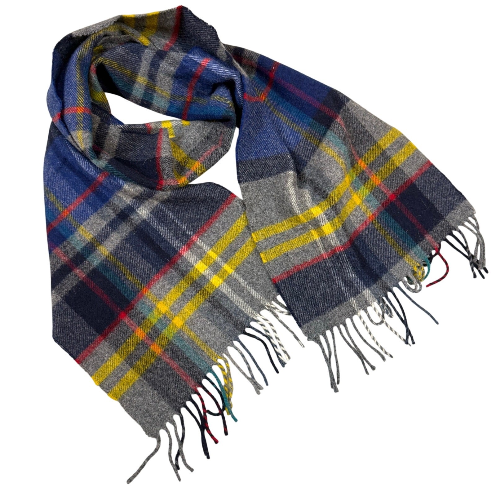 J Crew by Abraham Moon Merino Wool England Plaid Scarf Gray Blue Yellow Red