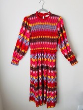 Avara Lyles Abstract Smocked Long Sleeve Midi Dress Womens L Colorful Geometric