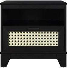 Mid-Century Black Cane Nightstand with Drawer & Open Shelf for Bedroom or Living
