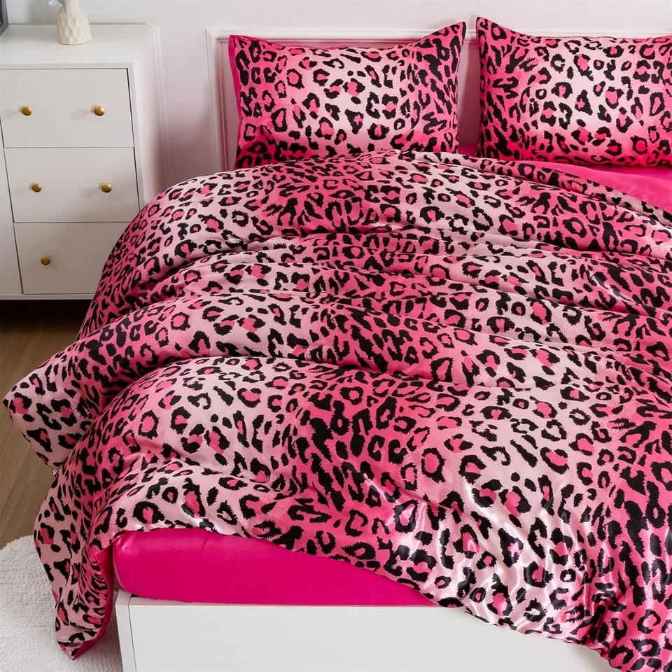 Juego de edredón contemporáneo con estampado de leopardo rosa, reina Foto 3 de 4