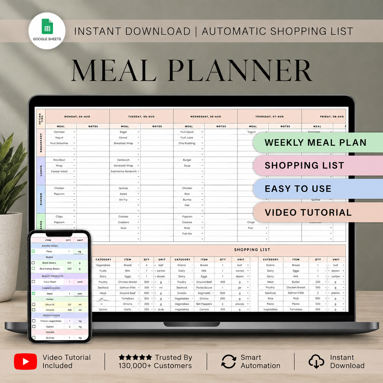 Weekly Meal Planner Google Sheets Grocery List Meal Tracker Spreadsheet ...