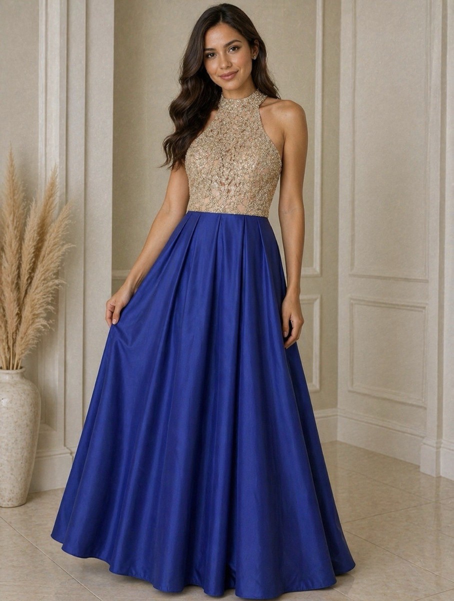 B. Darlin Blue Beige Beaded Long Formal Gown Dress Size 1/2 Halter  Sleeveless | eBay