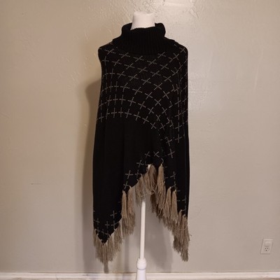 Black Knit Turtleneck Fringe Poncho Wrap Sweater, Cream Cross Pattern, One Size