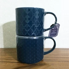 Embossed Coffee Mug Set 2 Stackable Stoneware 14 oz Geometric Classic