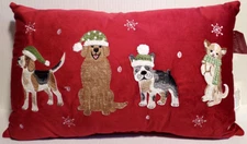Winter Wonder Lane Christmas Dogs Lumbar Pillow 12" x 20" Embroidered Red Velour