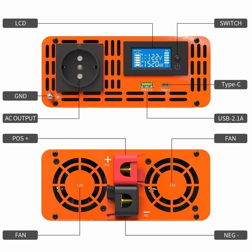 12V 24V a 230V 1500W 2000W Inversor de seno puro Convertidor de tensión Viaje - Imagen 19 de 48