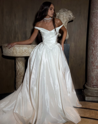 sparkly satin wedding dress A-line One Shoulder Long Sleeve Sparkly Rustic Wedding Dresses Satin B   SELINADRESS