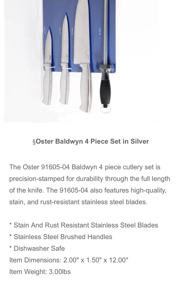 Nuevo..! Juego de cubiertos Oster Baldwyn de 4 piezas cuchillas de acero inoxidable Foto 4 de 4