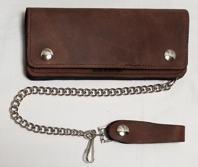 12cm LeatherChaen付■Middle Leather Wallet Large Brown Leather Trucker Wallet 7.5