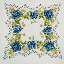 Vintage Ladies Hankie Blue Roses Floral Scalloped Edge Cotton Handkerchief