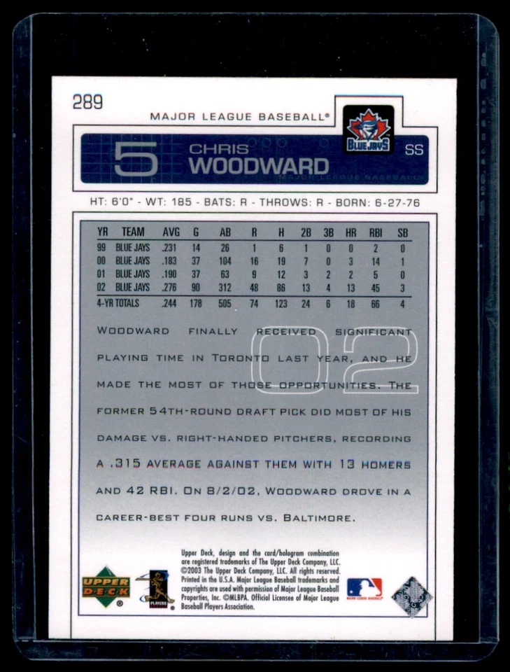 2003 Upper Deck Chris Woodward Toronto Blue Jays #289 2045 - Image 2 of 2