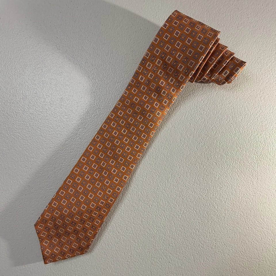 Corbata para hombre IKE BEHAR 100 % seda italiana naranja/azul geométrica hecha en Italia Foto 3 de 4