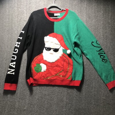 Naughty Nice Santa Ugly Christmas Sweater Two Toned Men s L 42/44 Holiday Time