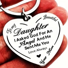 To My Daughter Angel Stainless Steel Key Chain Ring Heart Shape Love Always Mom