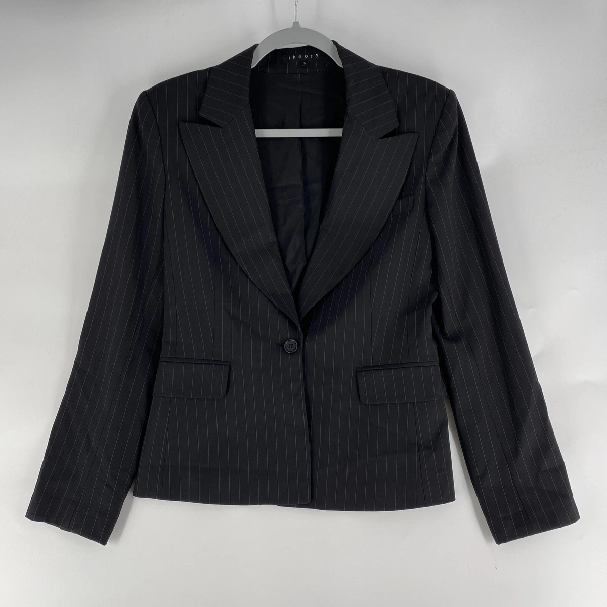 Theory Women s Size Small Black Pinstripe Wool One Button Blazer Jacket