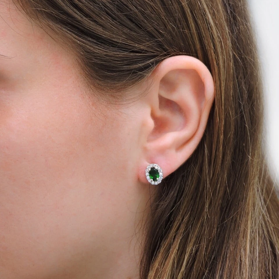 Orecchini Ovali Rosa di Francia in Argento 925 con Zircone Verde - Immagine 2 di 2