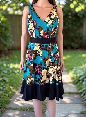 Nine West Dress Size 6 Teal Floral Cotton Fit & Flare V-Neck Tie Belt Midi Y2K