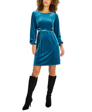 Charter Club Womens Size XS Long Sleeve Belted Velvet Dress in Teal Simplicity