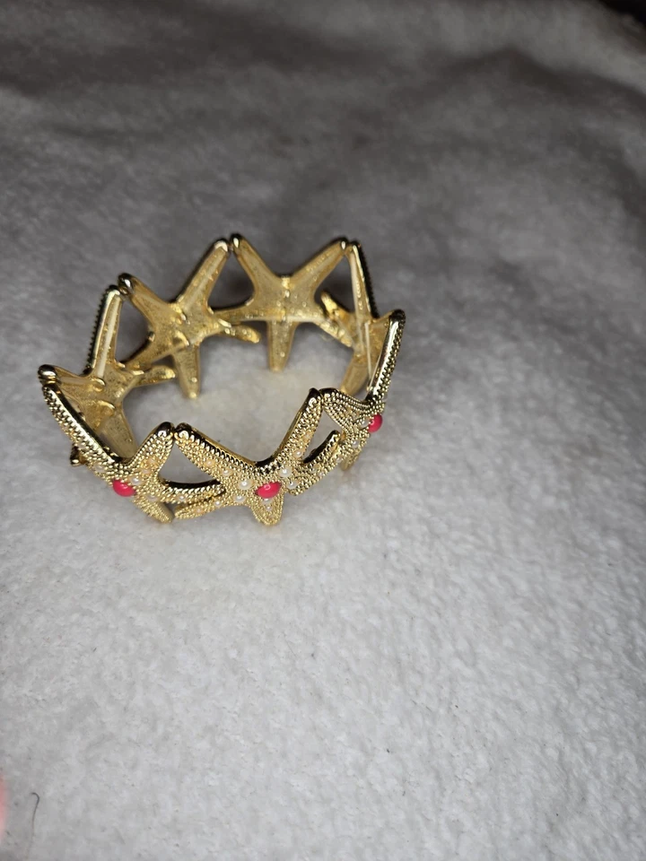 Lilly Pulitzer Starfish Stretchy Coral Pearl Bracelet Gold Colorful Pouch NWOT - Image 4 of 4