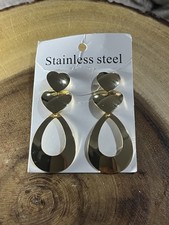 Gold Tone Stainless Steel Heart Teardrop Dangle Drop Earrings Fashion Jewelry