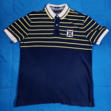 Tommy Hilfiger: Navy Blue Yellow Striped Polo, Mens Large Custom Fit